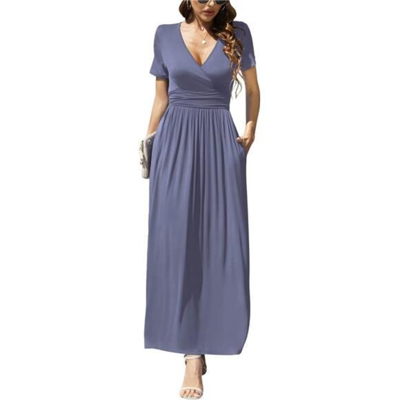 Women's Summer Short Sleeves Dress Wrap Waist Maxi Dresses with
